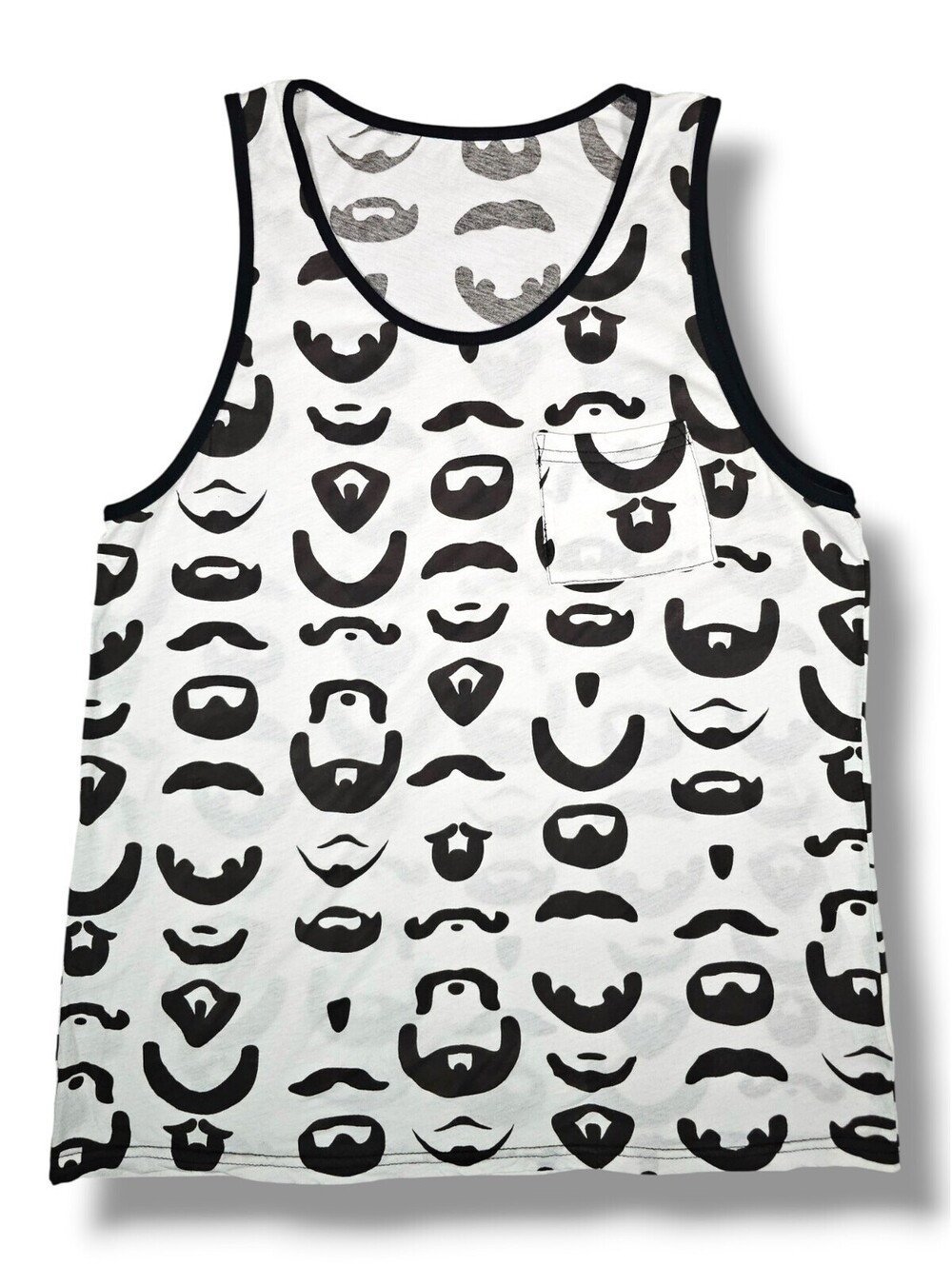 White Black Mustache Beard Graphic Print Pocket Tank Top Hipster Casual Medium